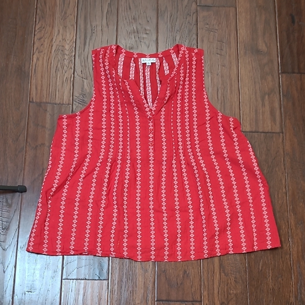 Wonderly Red Sleeveless Blouse With White Vertical Designed Stripes size Large
